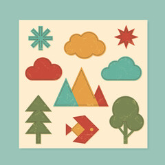 Wall Mural - grunge retro patch set with bold symbols like stars, clouds, triangles, fish, and trees in flat brut