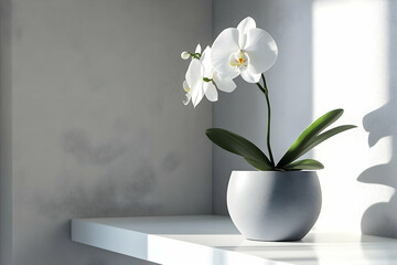 Poster - Elegant white orchid in a muted gray pot.