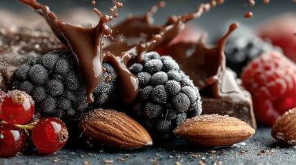 Aufkleber - Delicious Chocolate Sauce Drizzled over Berries and Almonds