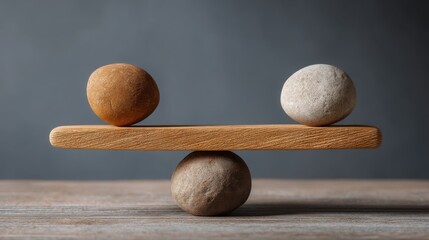 Poster - Two stones perfectly balancing on a wooden scale symbolizing asymmetrical order and harmony through imbalance