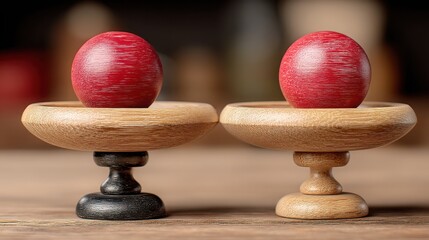 Poster - Two beautiful wooden eggs resting on a table signifying uneven profit and asymmetry in natural design
