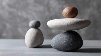 Poster - Balanced rock stack with a wooden ball on top signifying strategic resource allocation and peaceful equilibrium