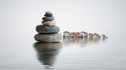Poster - A serene stack of rocks sitting in clear water representing calmness and wealth accumulation through nature's balance