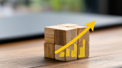 Poster - A solid wooden block with a bright yellow arrow indicating direction in a conceptual representation of investment logic