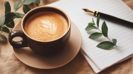 Poster - A coffee cup and pen on a desk signifying the elegance of refined lending structure and creative writing