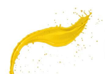 Poster - Vibrant yellow paint splash with droplets suspended in mid-air against a clean white background, creating dynamic movement