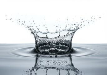 Poster - A captivating water splash creates a crown shape with droplets on a reflective surface against a white background