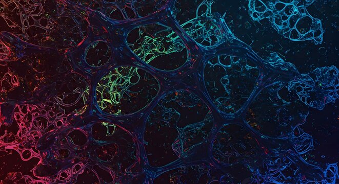 Abstract Cellular Structure Microscopic Network of Interconnected Nodes and Cavities, Illuminated with Vivid Neon Hues of Blue, Red, and Green