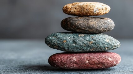 Poster - Tranquil stack of smooth rocks representing emotional zen and inner peace surrounded by natural elements