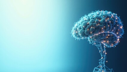 Poster - Machine Learning Model. Neural Digital Dawn. Isolated background, copyspace.. Brain connected by glowing wires symbolizes fusion of human intelligence and machine learning innovation rising.