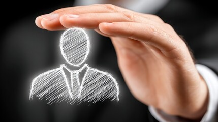 Poster - Person holding a small individual symbolizing executive presence in a minimalist and authoritative conceptual setting