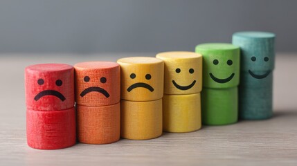 Aufkleber - Group of wooden toy blocks with faces drawn on them representing financial wellbeing score systems and measurement concepts