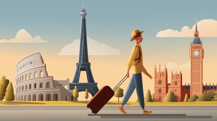  Modern flat vector of a young traveler pulling a suitcase in front of famous European landmarks
