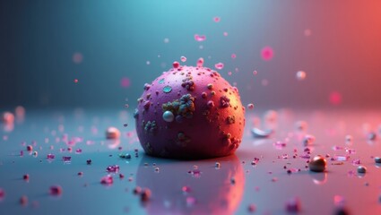 Poster - Magic Mushroom Chocolate. Psychedelic Chocolate Bomb. Trend product close-up. Vibrant red and purple ball floats amidst popping bubbles, symbolizing psychedelic chocolate treat explosion delightfully.