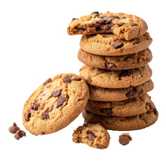 Poster - Stack of chocolate chip cookies with crumbs scattered around, showcasing delicious and inviting bakery treat. cookies are golden brown with visible chocolate chunks, perfect for sweet snack