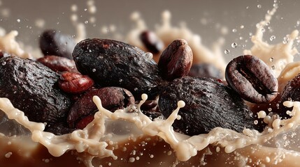 Poster - Delicious Cocoa and Coffee Beans Splashing in Milk