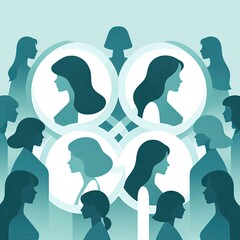 Poster - premium Minimalist illustration featuring overlapping or interlocking silhouettes of diverse women in teal and white color palettes, emphasizing their connection and shared cause