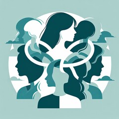 Poster - premium Minimalist illustration featuring overlapping or interlocking silhouettes of diverse women in teal and white color palettes, emphasizing their connection and shared cause