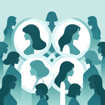 premium Minimalist illustration featuring overlapping or interlocking silhouettes of diverse women in teal and white color palettes, emphasizing their connection and shared cause