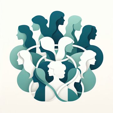 premium Minimalist illustration featuring overlapping or interlocking silhouettes of diverse women in teal and white color palettes, emphasizing their connection and shared cause
