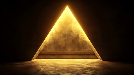 Poster - Illuminated golden triangle entrance mystical chamber 3d render enigmatic atmosphere low angle view light symbolism
