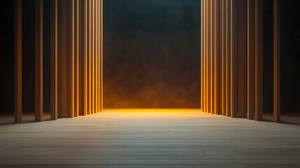 Poster - Mysterious light in an architectural corridor modern design interior dim environment dramatic viewpoint conceptual focus