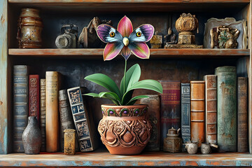 Poster - Orchids in a vintage bookcase display.