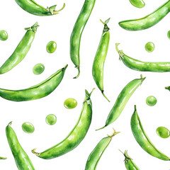 Aufkleber - Watercolor botanical illustration featuring a seamless pattern of fresh green peas isolated