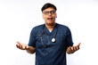 © ArvStd - Young man nurse in blue coat gesturing at the camera, displayed, representing consultation over a white background