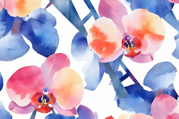Poster - Vibrant watercolor orchid floral pattern on a white background.