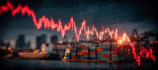 Poster - Market crash crisis with container port background. Finance statistic value trade data. Bankruptcy investment recession. Generative AI technology.	
