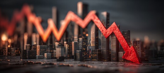 Poster - Stock market crash crisis chart with city background. Finance statistic value trade data. Bankruptcy investment recession. Generative AI technology.	
