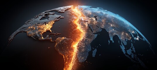 Fototapete - A fire line split earth to half. World planet apocalypse. Generative AI technology.	
