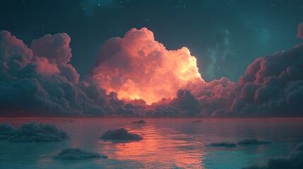 Wall Mural - clouds moving across sky over calm glowing ocean .