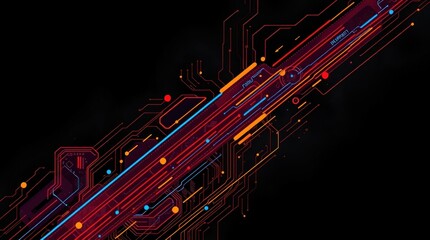 Aufkleber - Abstract digital artwork featuring vibrant red, orange, and blue lines resembling circuit boards against a black background