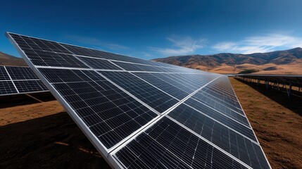 Poster - Extensive solar panels array against a backdrop of mountains.