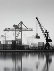 Poster - In a tech-driven logistics hub, the silhouette of a manager oversees operations, symbolizing the integration of automation and human oversight. The minimalist design includes generous copyspace for