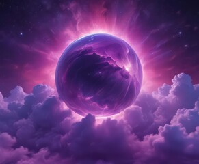 Wall Mural - shimmering orb floats within vibrant purple nebula clouds , glow, space dust, background