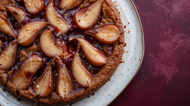festive red wine poached pear cake on a deep oxblood background, ideal for warm, inviting text