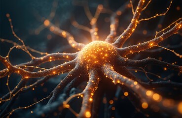 Poster - Intricate network of glowing neurons interconnected on dark background. Neural pathways, brain activity. Science, biology, technology, research concepts. Understanding of human mind.