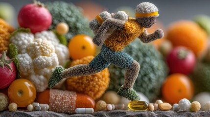 Poster - Charming teddy bear surrounded by a bounty of fresh fruits and vegetables emphasizing healthy living and nutrition