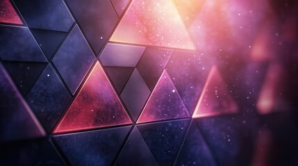 Poster - Abstract geometric triangles, vibrant colors, and glowing particles
