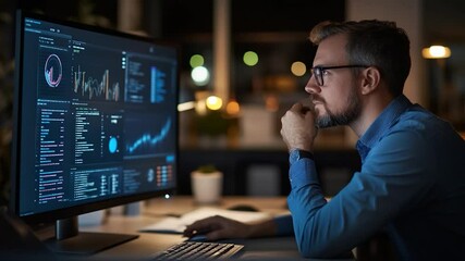 Focused professional analyzing data on a computer screen at night