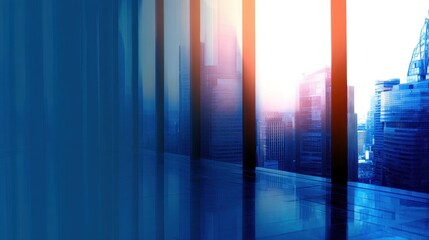 Poster - Modern office interior with large windows showcasing a vibrant city skyline at sunset (1)