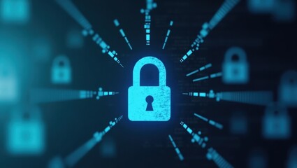 Poster - Managed Security Services. Digital security layers. Trend product close-up. Blue lock symbolizes secure data, surrounded by layers representing managed security services and digital 