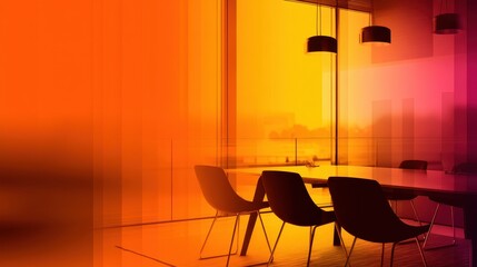 Poster - Modern office interior with colorful gradient lighting, showcasing a meeting space with chairs