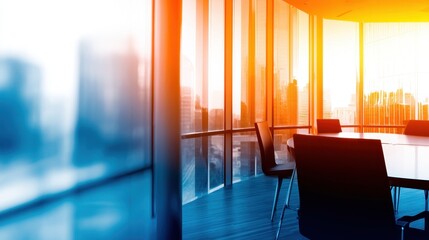 Poster - Modern office interior with glass walls showcasing a city skyline at sunset, ideal for business use