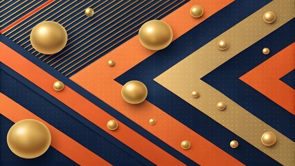 Poster - Geometric abstract background with golden spheres and chevron pattern design in blue and orange tones