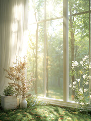 Aufkleber - soft glowing sunlight streams through large window onto indoor garden with green grass, white flower