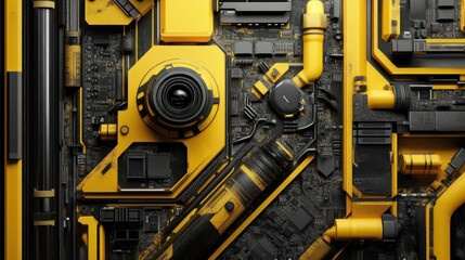 Fototapete - Futuristic yellow tech camera, circuit board background, digital design, tech concept